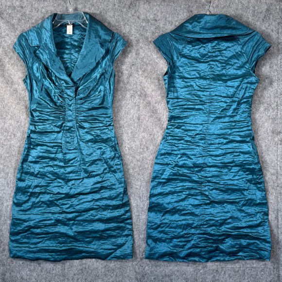 Searle Techno Metal Dress Size 6 Ruched Front Party Cocktail Shimmer Teal USA - Picture 1 of 9